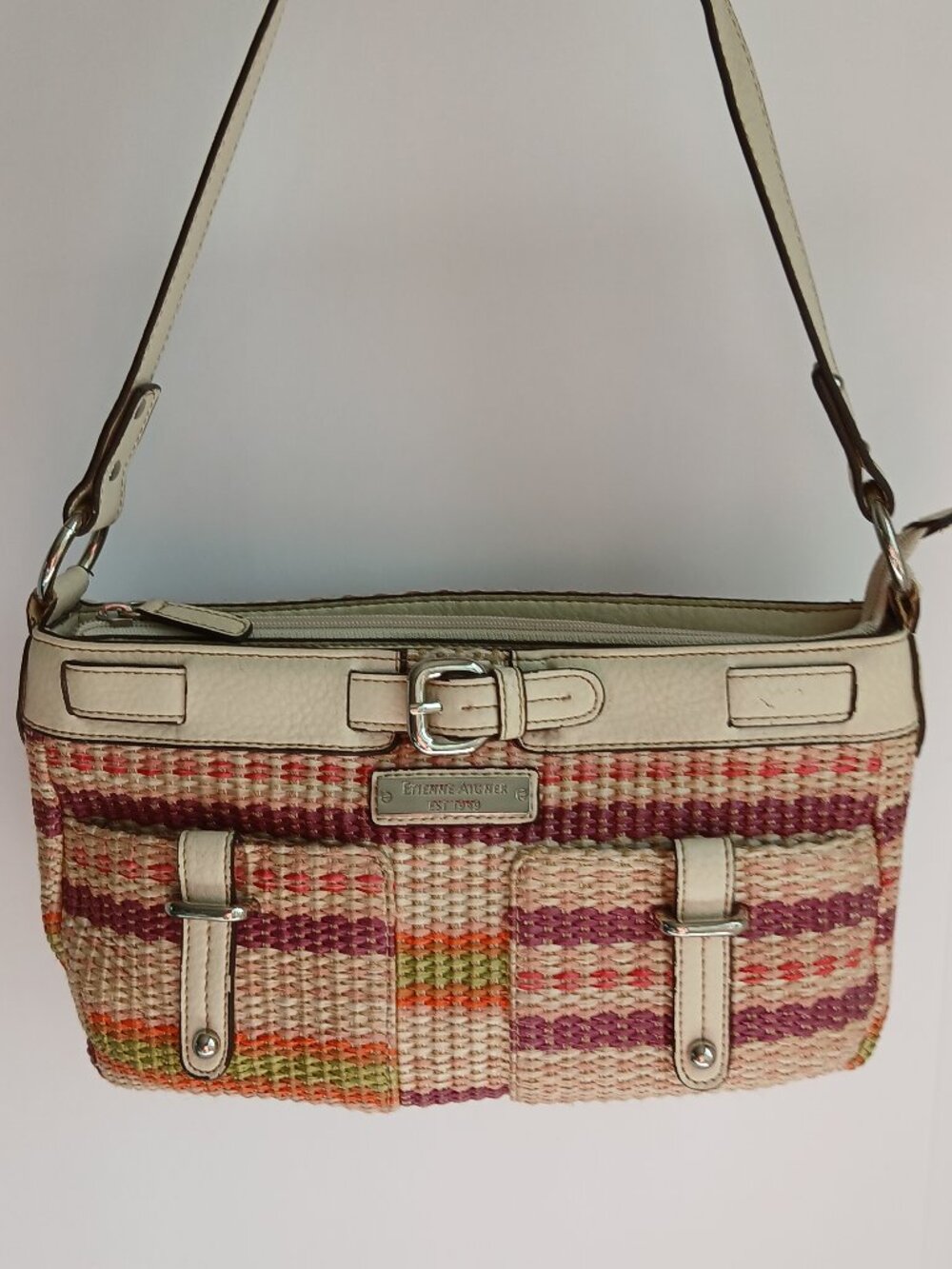 Vintage 90's Woven MulticolorJute & Ivory Trim 3 Section Interior Baguette Bag